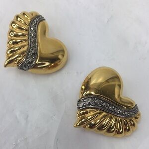 90's Vintage Puffy Heart marcasite earrings clip on gold tone